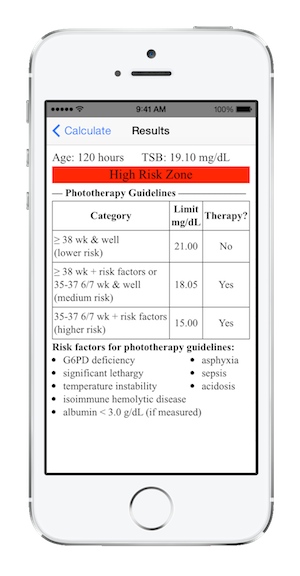 Jaundice risk zone and phototherapy guidelines on the iPhone